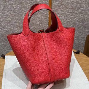 Hermes Picotin Lock 18 CM Bag Handmade In Taurillon Clemence Leather Gold Hardware S3 Rouge Coeur - Image 2