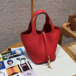 Hermes Picotin Lock 18 CM Bag Handmade In Taurillon Clemence Leather Gold Hardware S3 Rouge Coeur - Image 10