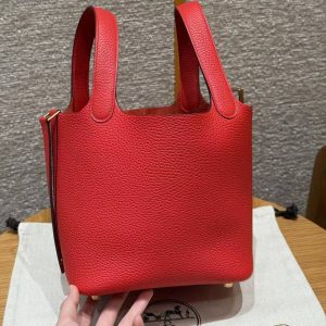 Hermes Picotin Lock 18 CM Bag Handmade In Taurillon Clemence Leather Gold Hardware S3 Rouge Coeur - Image 6