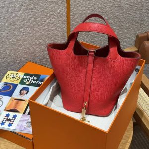 Hermes Picotin Lock 18 CM Bag Handmade In Taurillon Clemence Leather Gold Hardware S3 Rouge Coeur - Image 3