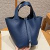 Hermes Picotin Lock 18 CM Bag Handmade In Taurillon Clemence Leather Silver Hardware S4 Deep Blue