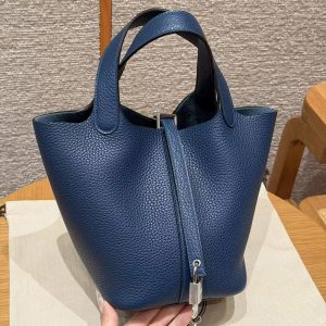 Hermes Picotin Lock 18 CM Bag Handmade In Taurillon Clemence Leather Silver Hardware S4 Deep Blue