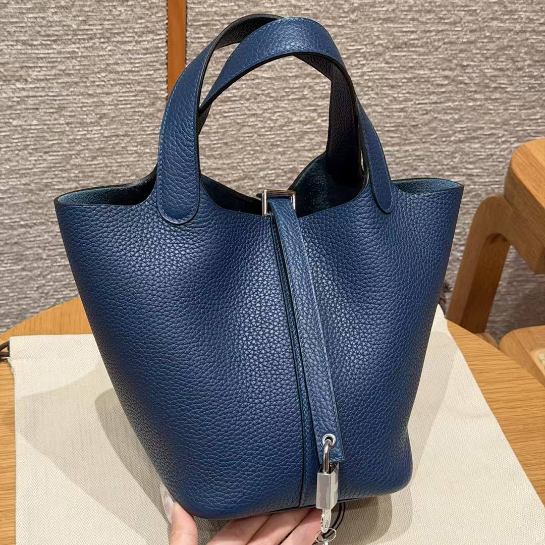 Hermes Picotin Lock 18 CM Bag Handmade In Taurillon Clemence Leather Silver Hardware S4 Deep Blue