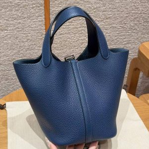 Hermes Picotin Lock 18 CM Bag Handmade In Taurillon Clemence Leather Silver Hardware S4 Deep Blue - Image 2