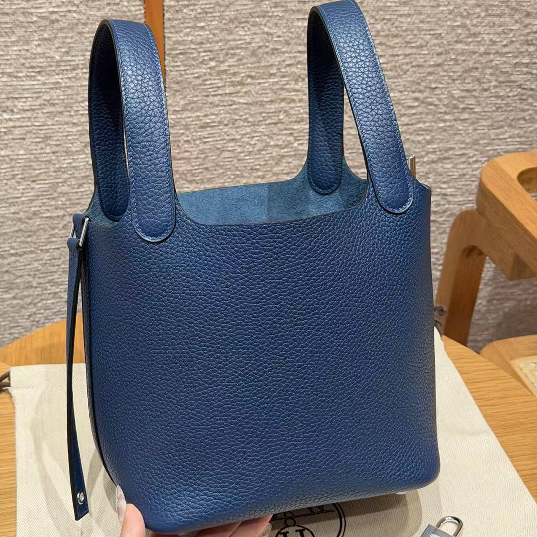 Hermes Picotin Lock 18 CM Bag Handmade In Taurillon Clemence Leather Silver Hardware S4 Deep Blue - Image 18