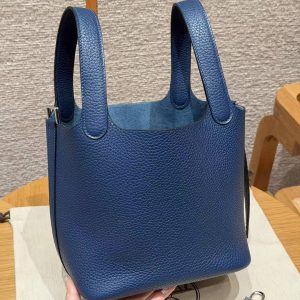 Hermes Picotin Lock 18 CM Bag Handmade In Taurillon Clemence Leather Silver Hardware S4 Deep Blue - Image 17
