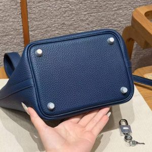 Hermes Picotin Lock 18 CM Bag Handmade In Taurillon Clemence Leather Silver Hardware S4 Deep Blue - Image 16