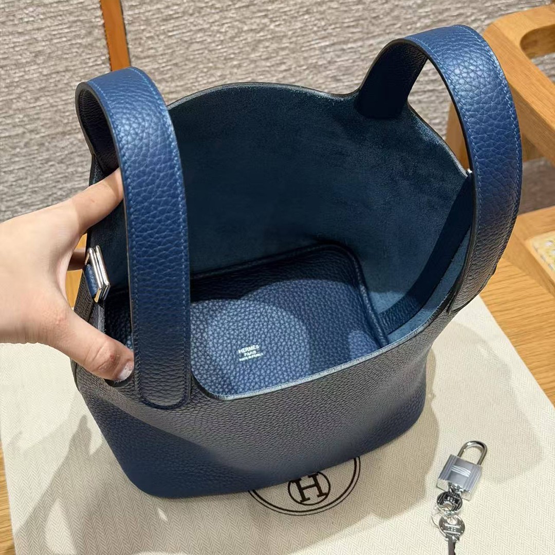 Hermes Picotin Lock 18 CM Bag Handmade In Taurillon Clemence Leather Silver Hardware S4 Deep Blue - Image 15