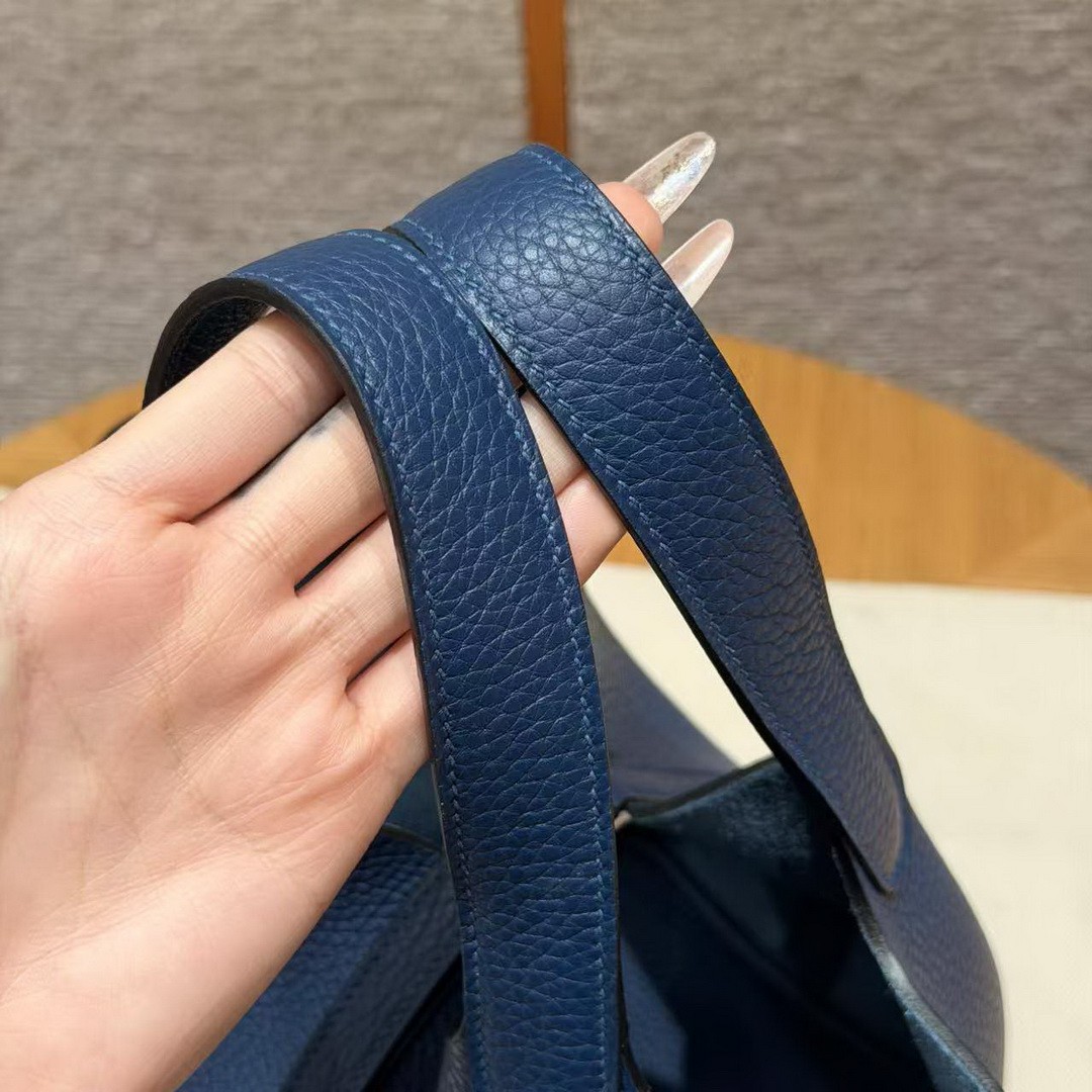 Hermes Picotin Lock 18 CM Bag Handmade In Taurillon Clemence Leather Silver Hardware S4 Deep Blue - Image 12
