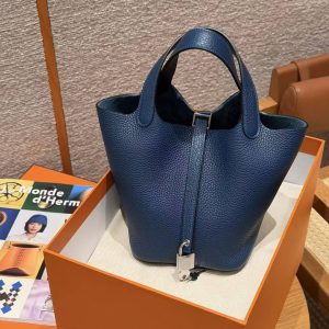 Hermes Picotin Lock 18 CM Bag Handmade In Taurillon Clemence Leather Silver Hardware S4 Deep Blue - Image 11