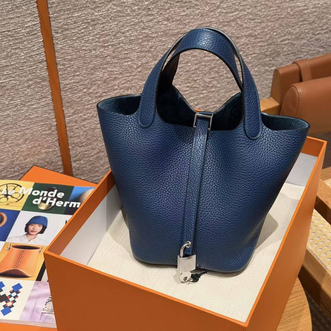 Hermes Picotin Lock 18 CM Bag Handmade In Taurillon Clemence Leather Silver Hardware S4 Deep Blue - Image 11