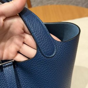 Hermes Picotin Lock 18 CM Bag Handmade In Taurillon Clemence Leather Silver Hardware S4 Deep Blue - Image 8