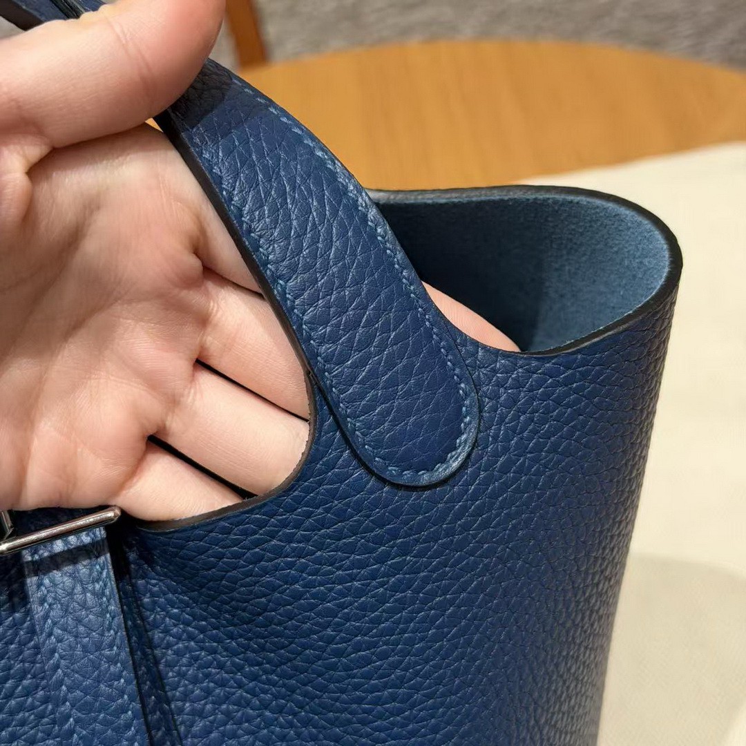 Hermes Picotin Lock 18 CM Bag Handmade In Taurillon Clemence Leather Silver Hardware S4 Deep Blue - Image 8