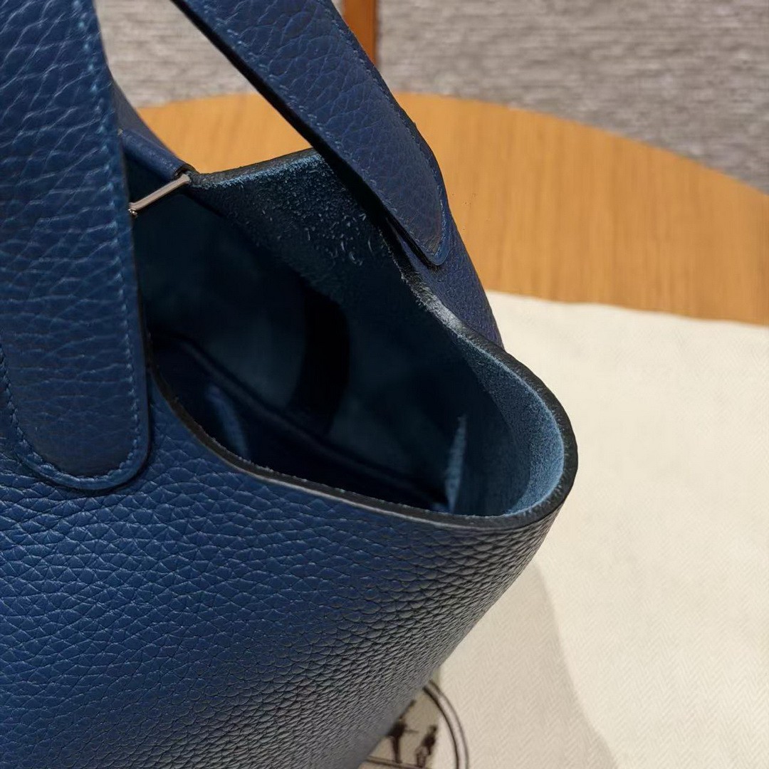 Hermes Picotin Lock 18 CM Bag Handmade In Taurillon Clemence Leather Silver Hardware S4 Deep Blue - Image 7