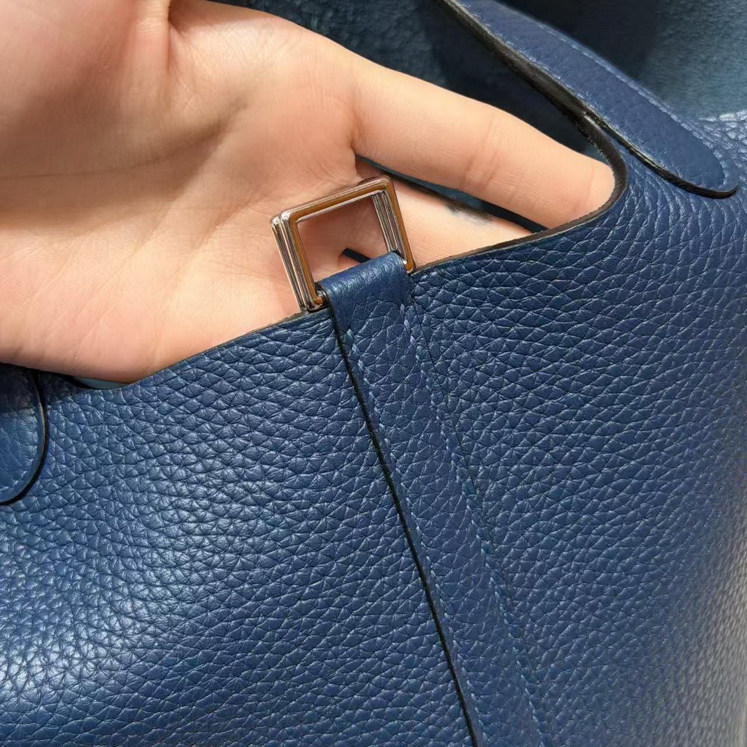 Hermes Picotin Lock 18 CM Bag Handmade In Taurillon Clemence Leather Silver Hardware S4 Deep Blue - Image 5