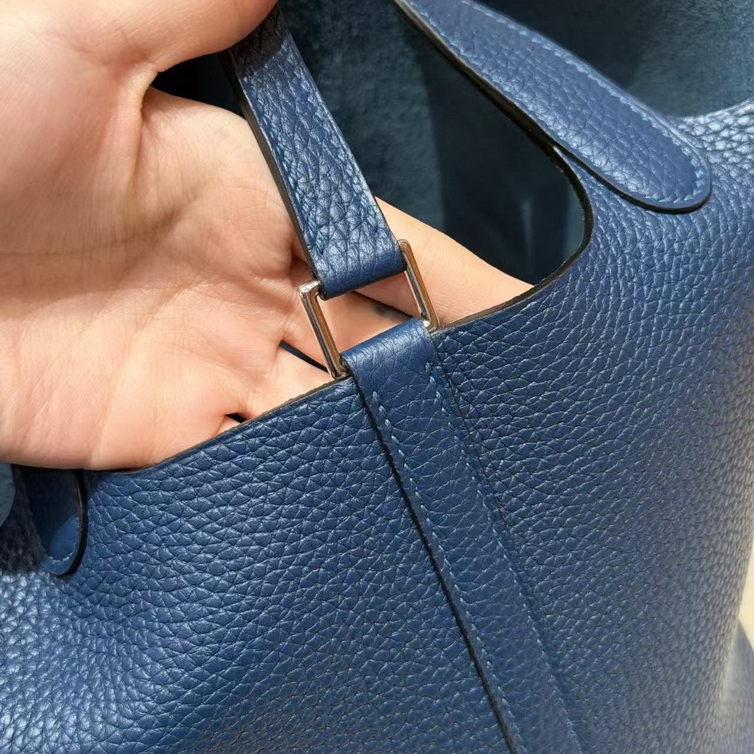 Hermes Picotin Lock 18 CM Bag Handmade In Taurillon Clemence Leather Silver Hardware S4 Deep Blue - Image 4