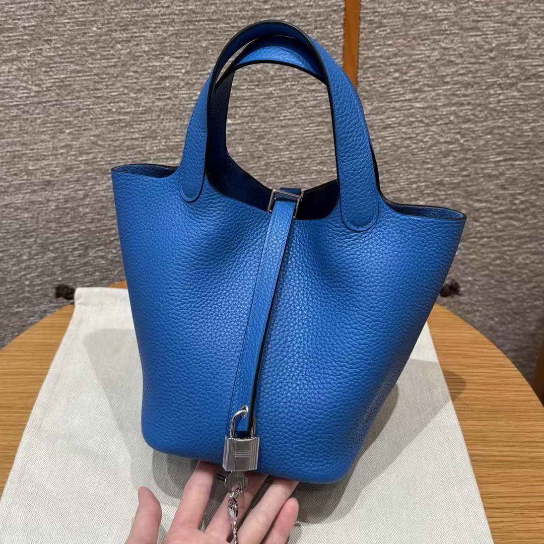 Hermes Picotin Lock 18 CM Bag T7 Blue Hydra Handmade In Taurillon Clemence Leather Silver Hardware