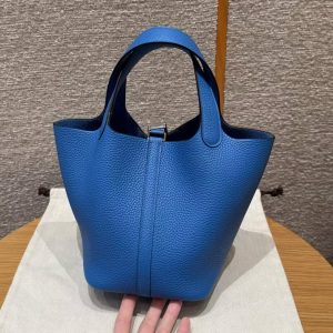 Hermes Picotin Lock 18 CM Bag T7 Blue Hydra Handmade In Taurillon Clemence Leather Silver Hardware - Image 2