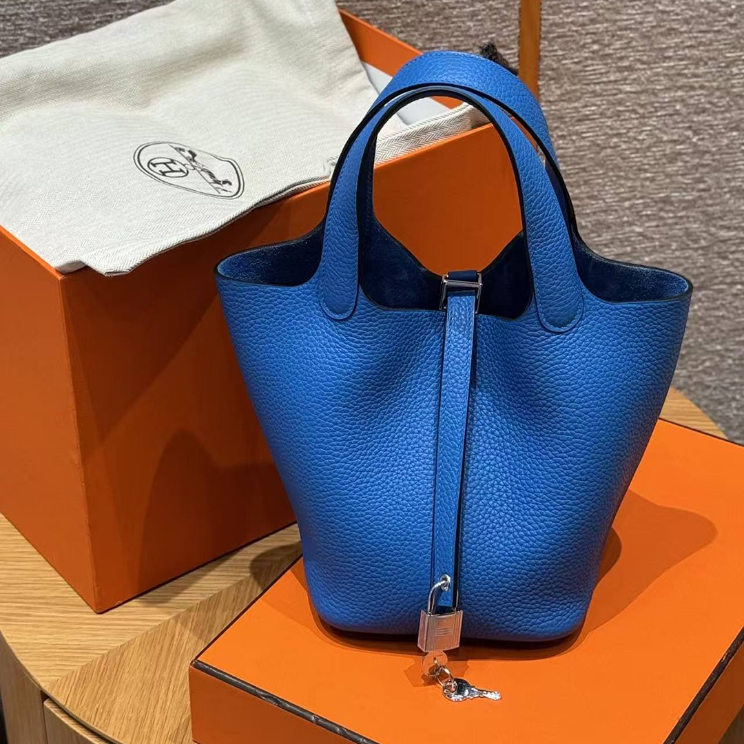 Hermes Picotin Lock 18 CM Bag T7 Blue Hydra Handmade In Taurillon Clemence Leather Silver Hardware - Image 3