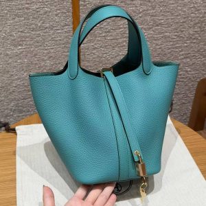 Hermes Picotin Lock 18 CM Bag Handmade In Taurillon Clemence Leather Gold Hardware U1 Vert Verone