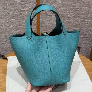 Hermes Picotin Lock 18 CM Bag Handmade In Taurillon Clemence Leather Gold Hardware U1 Vert Verone - Image 2