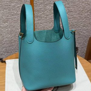 Hermes Picotin Lock 18 CM Bag Handmade In Taurillon Clemence Leather Gold Hardware U1 Vert Verone - Image 19