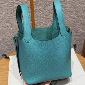 Hermes Picotin Lock 18 CM Bag Handmade In Taurillon Clemence Leather Gold Hardware U1 Vert Verone - Image 18