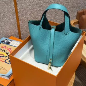 Hermes Picotin Lock 18 CM Bag Handmade In Taurillon Clemence Leather Gold Hardware U1 Vert Verone - Image 12