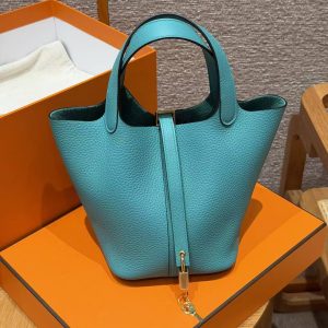 Hermes Picotin Lock 18 CM Bag Handmade In Taurillon Clemence Leather Gold Hardware U1 Vert Verone - Image 11