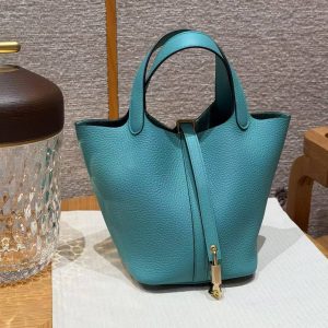 Hermes Picotin Lock 18 CM Bag Handmade In Taurillon Clemence Leather Gold Hardware U1 Vert Verone - Image 10