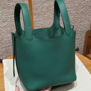 Hermes Picotin Lock 18 CM Bag Handmade In Taurillon Clemence Leather Silver Hardware U4 Vert Vertigo - Image 16
