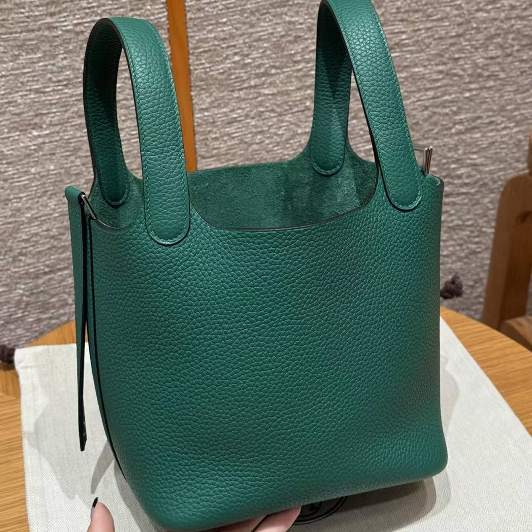 Hermes Picotin Lock 18 CM Bag Handmade In Taurillon Clemence Leather Silver Hardware U4 Vert Vertigo - Image 16