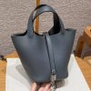 Hermes Picotin Lock 18 CM Bag Handmade In Taurillon Clemence Leather Silver Hardware Y7 Bleu Orage