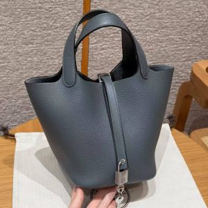 Hermes Picotin Lock 18 CM Bag Handmade In Taurillon Clemence Leather Silver Hardware Y7 Bleu Orage