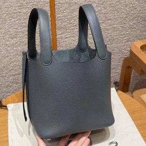Hermes Picotin Lock 18 CM Bag Handmade In Taurillon Clemence Leather Silver Hardware Y7 Bleu Orage - Image 16