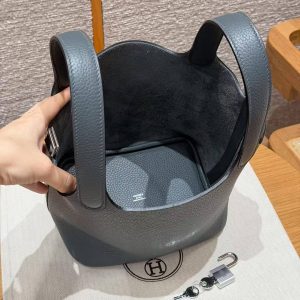 Hermes Picotin Lock 18 CM Bag Handmade In Taurillon Clemence Leather Silver Hardware Y7 Bleu Orage - Image 12