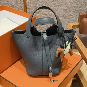 Hermes Picotin Lock 18 CM Bag Handmade In Taurillon Clemence Leather Silver Hardware Y7 Bleu Orage - Image 9