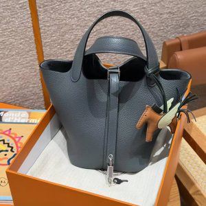 Hermes Picotin Lock 18 CM Bag Handmade In Taurillon Clemence Leather Silver Hardware Y7 Bleu Orage - Image 8