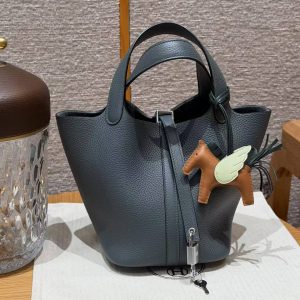 Hermes Picotin Lock 18 CM Bag Handmade In Taurillon Clemence Leather Silver Hardware Y7 Bleu Orage - Image 7