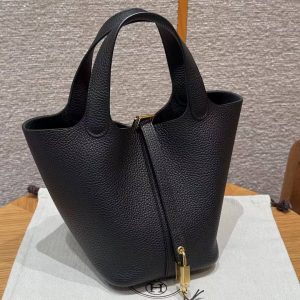 Hermes Picotin Lock 18 CM Bag Handmade In Taurillon Clemence Leather Gold Hardware ck89 Noir