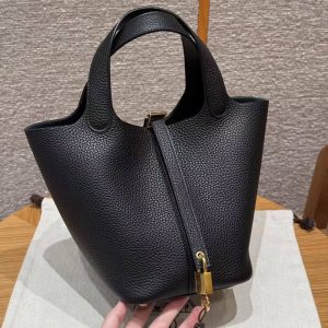 Hermes Picotin Lock 18 CM Bag Handmade In Taurillon Clemence Leather Gold Hardware ck89 Noir - Image 11