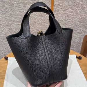 Hermes Picotin Lock 18 CM Bag Handmade In Taurillon Clemence Leather Gold Hardware ck89 Noir - Image 10