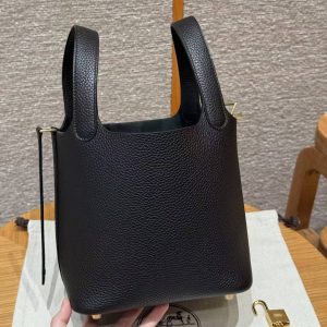 Hermes Picotin Lock 18 CM Bag Handmade In Taurillon Clemence Leather Gold Hardware ck89 Noir - Image 9