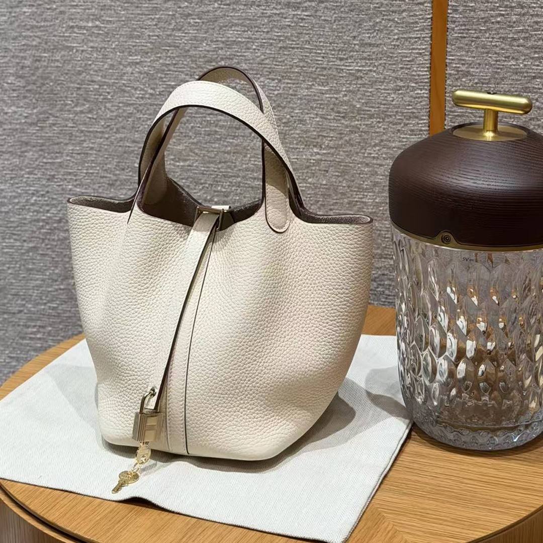 Hermes Picotin Lock 18 CM Bag Handmade In Taurillon Clemence Leather Gold Hardware i2 Nata - Image 7