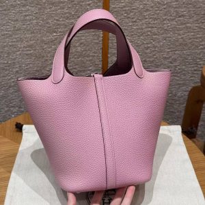 Hermes Picotin Lock 18 CM Bag Handmade In Taurillon Clemence Leather Silver Hardware X9 Mauve - Image 2