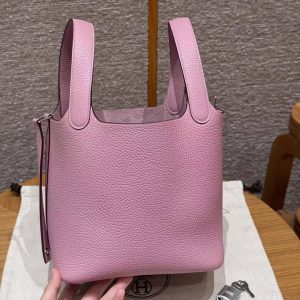 Hermes Picotin Lock 18 CM Bag Handmade In Taurillon Clemence Leather Silver Hardware X9 Mauve - Image 18