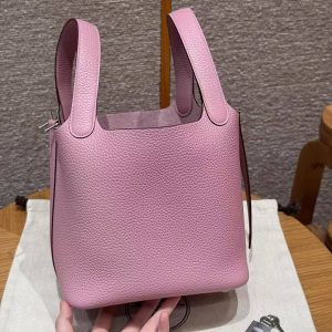 Hermes Picotin Lock 18 CM Bag Handmade In Taurillon Clemence Leather Silver Hardware X9 Mauve - Image 17