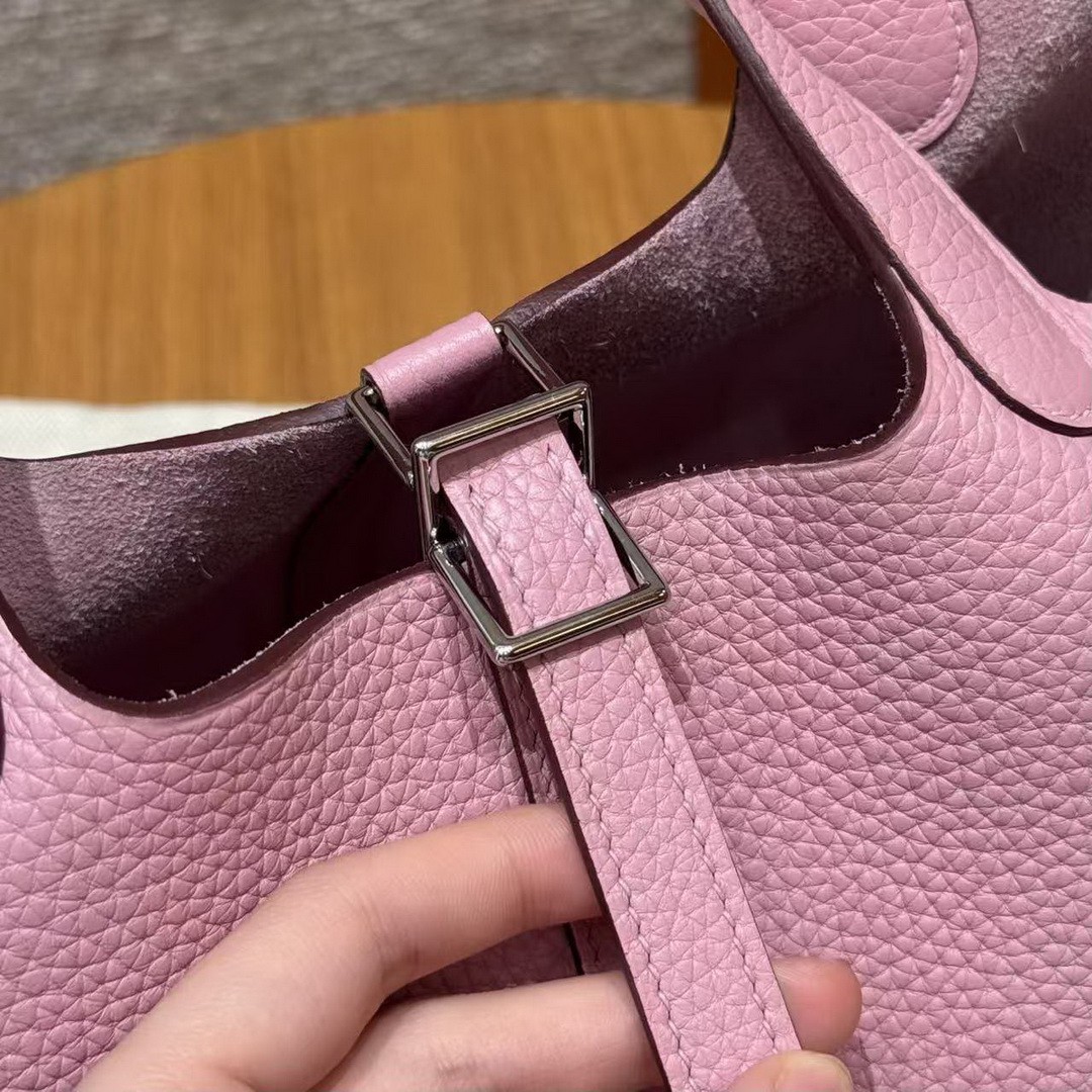Hermes Picotin Lock 18 CM Bag Handmade In Taurillon Clemence Leather Silver Hardware X9 Mauve - Image 6