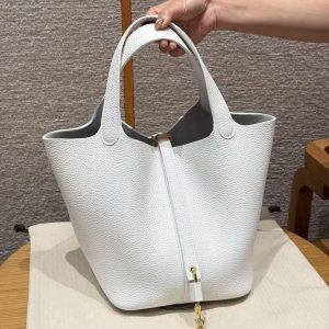 Hermes Picotin Lock 22 CM Bag Handmade In Taurillon Clemence Leather Gold Hardware 01 Blanc