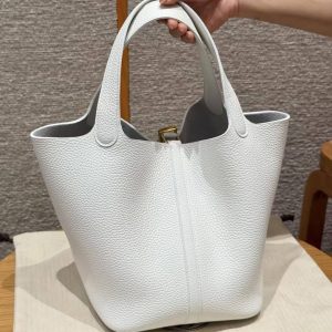 Hermes Picotin Lock 22 CM Bag Handmade In Taurillon Clemence Leather Gold Hardware 01 Blanc - Image 2